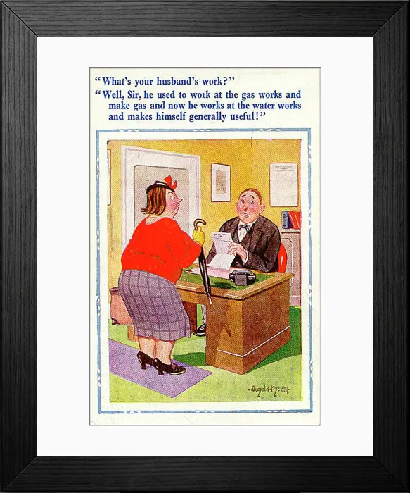 : Comic postcard, Man interviews woman in office Date: 20th century : Comic postcard, Man interviews woman in office Date: 20th century