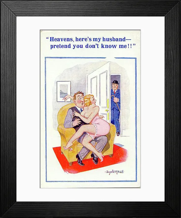 : Comic postcard, Husband returns home unexpectedly Date: 20th century : Comic postcard, Husband returns home unexpectedly Date: 20th century