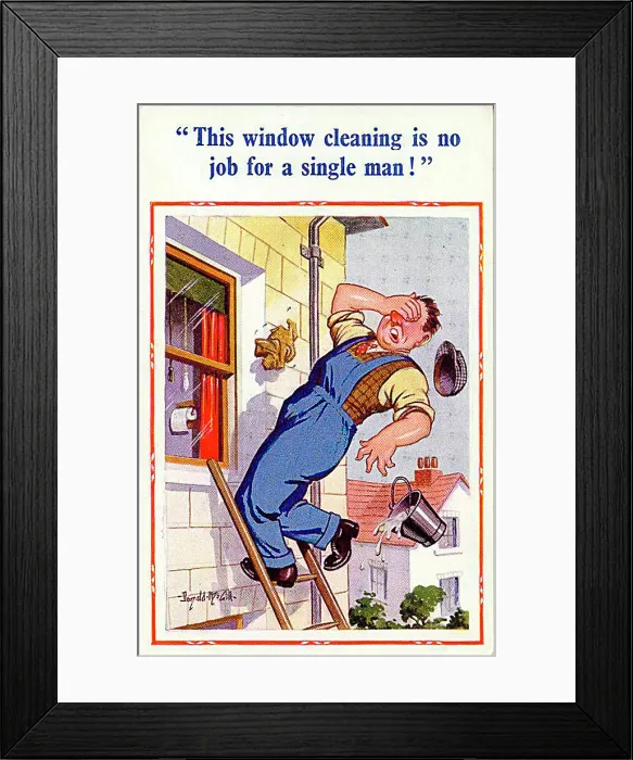 : Comic postcard, Window cleaner covers his eyes Date: 20th century : Comic postcard, Window cleaner covers his eyes Date: 20th century