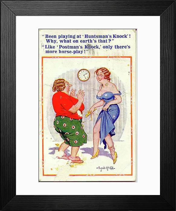 : Comic postcard, Daughter arrives home very late Date: 20th century : Comic postcard, Daughter arrives home very late Date: 20th century