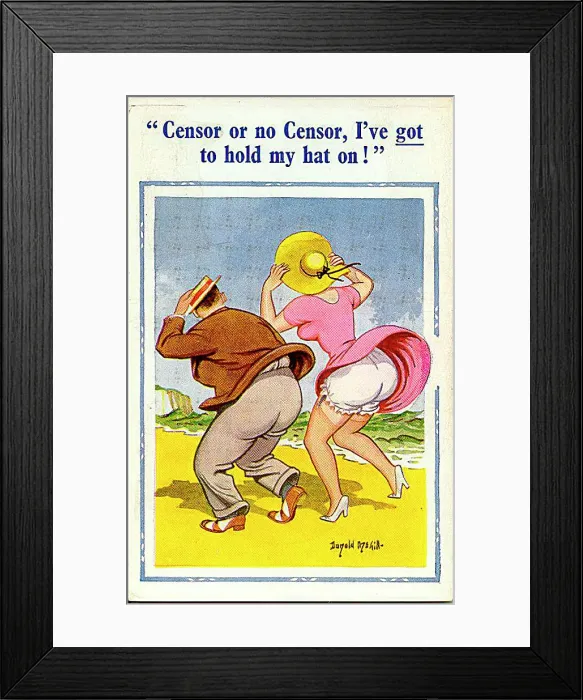 : Comic postcard, Couple at the seaside on a windy day : Comic postcard, Couple at the seaside on a windy day