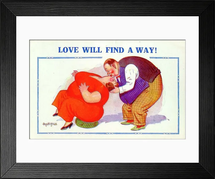 Framed Print : Comic postcard, Plump couple kissing Framed Print : Comic postcard, Plump couple kissing