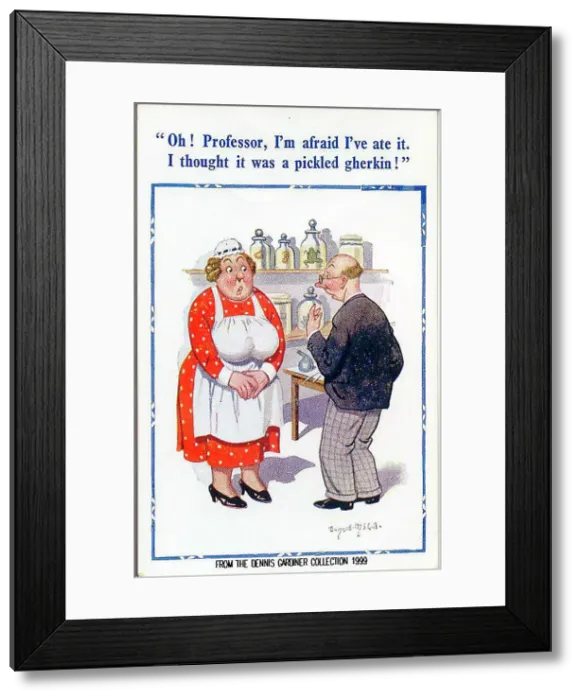 Framed Print : Comic postcard, Cook apologises to scientist Date: 20th century Framed Print : Comic postcard, Cook apologises to scientist Date: 20th century