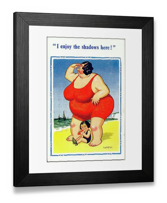 : Comic postcard, Little girl and enormous woman on the beach Date: 20th century : Comic postcard, Little girl and enormous woman on the beach Date: 20th century