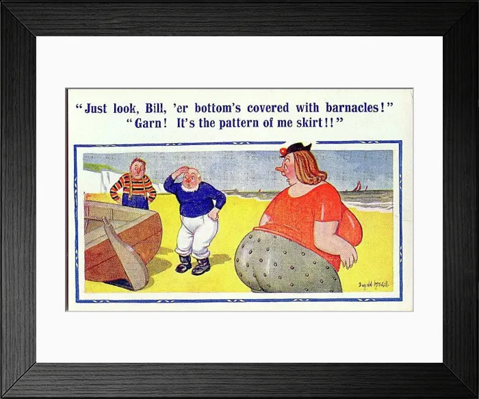 : Comic postcard, Woman, men and boat at the seaside Date: 20th century : Comic postcard, Woman, men and boat at the seaside Date: 20th century