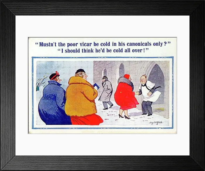 : Comic postcard, Scene on a cold day outside church Date: 20th century : Comic postcard, Scene on a cold day outside church Date: 20th century