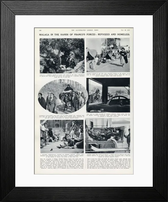 Framed Print : Malaga in the hands of Franco's forces: refugees and homeless. Spanish Civil War. Page from The Illustrated London News, 27th February 1937. Date: 1937 Framed Print : Malaga in the hands of Franco's forces: refugees and homeless. Spanish Civil War. Page from The Illustrated London News, 27th February 1937. Date: 1937
