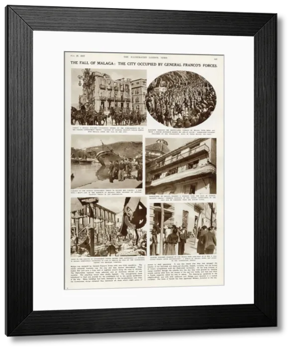 Framed Print : The Fall of Malaga: the city occupied by General Franco's forces. Spanish Civil War. Page from The Illustrated London News, 27th February 1937. Date: 1937 Framed Print : The Fall of Malaga: the city occupied by General Franco's forces. Spanish Civil War. Page from The Illustrated London News, 27th February 1937. Date: 1937