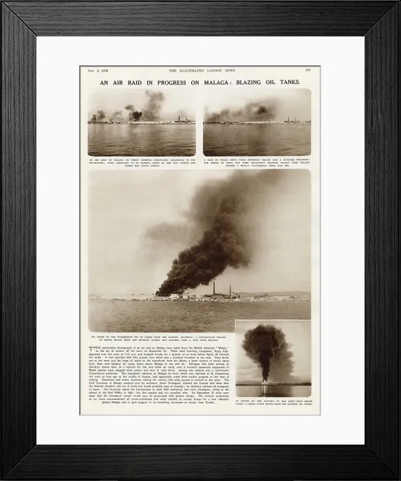 Framed Print : An air raid in progress on Malaga: blazing oil tanks Framed Print : An air raid in progress on Malaga: blazing oil tanks