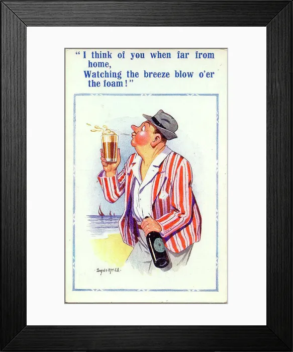 Framed Print : Comic postcard, Man with glass of beer at the seaside Date: 20th century Framed Print : Comic postcard, Man with glass of beer at the seaside Date: 20th century