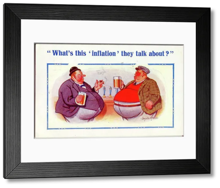 Framed Print : Comic postcard, Overweight men in pub discuss inflation Date: 20th century Framed Print : Comic postcard, Overweight men in pub discuss inflation Date: 20th century