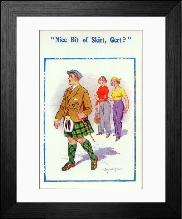 Framed Print : Comic postcard, Two women admire a Scotsman in his kilt Date: 20th century Framed Print : Comic postcard, Two women admire a Scotsman in his kilt Date: 20th century