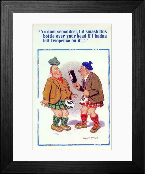 Framed Print : Comic postcard, Two Scotsmen in confrontation Date: 20th century Framed Print : Comic postcard, Two Scotsmen in confrontation Date: 20th century