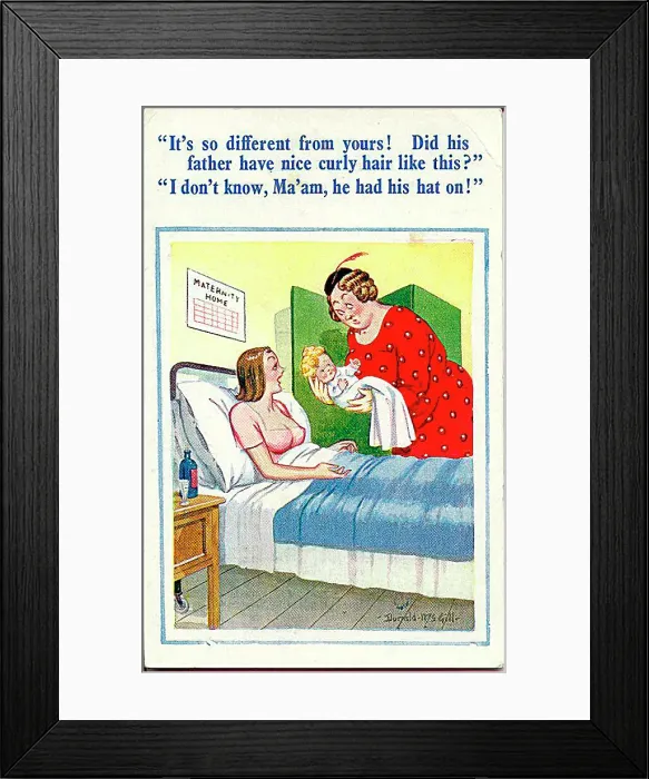 : Comic postcard, Woman with baby in maternity home Date: 20th century : Comic postcard, Woman with baby in maternity home Date: 20th century