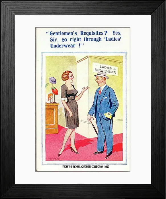 : Comic postcard, Man asks for directions in department store Date: 20th century : Comic postcard, Man asks for directions in department store Date: 20th century