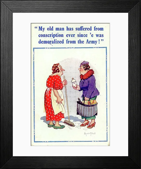 : Comic postcard, Woman talks about her husband Date: 20th century : Comic postcard, Woman talks about her husband Date: 20th century