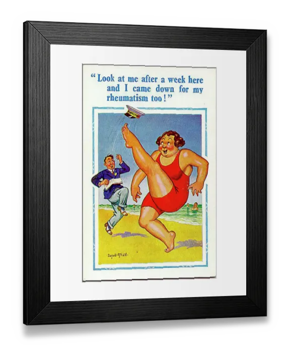 : Comic postcard, Large woman on the beach, feeling healthy Date: 20th century : Comic postcard, Large woman on the beach, feeling healthy Date: 20th century