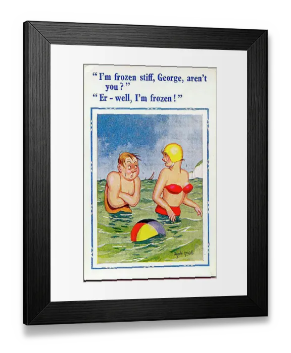 : Comic postcard, Couple in the sea on a cold day Date: 20th century : Comic postcard, Couple in the sea on a cold day Date: 20th century