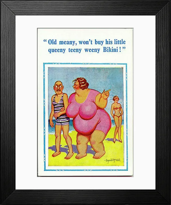 : Comic postcard, Large woman at seaside wants a bikini Date: 20th century : Comic postcard, Large woman at seaside wants a bikini Date: 20th century