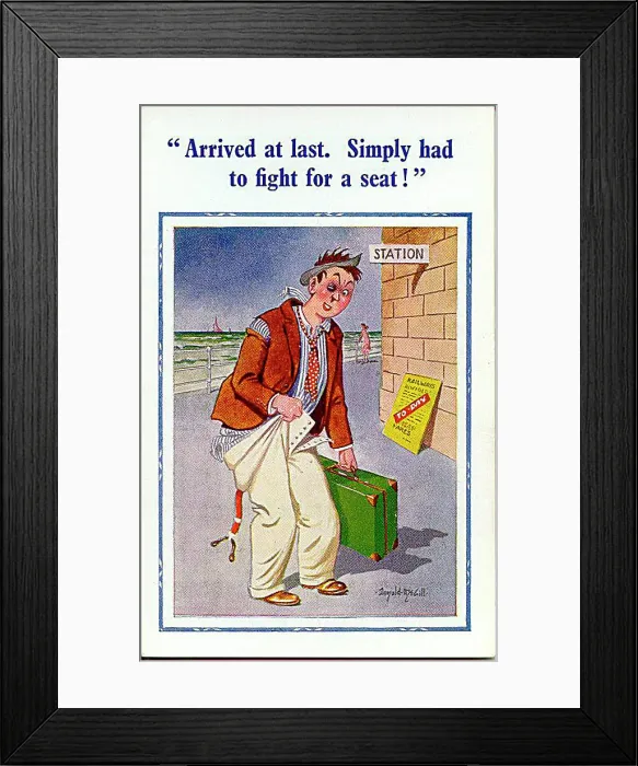 : Comic postcard, Man arrives at the seaside by train Date: 20th century : Comic postcard, Man arrives at the seaside by train Date: 20th century