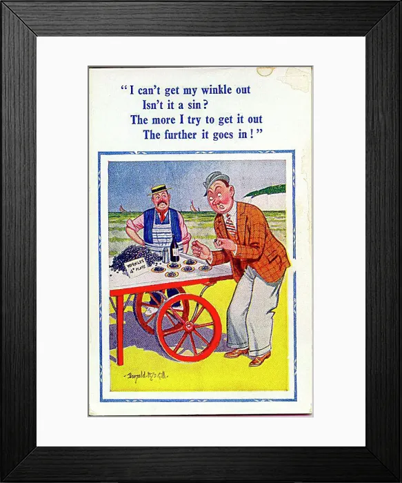 : Comic postcard, Man at winkle stall on the beach Date: 20th century : Comic postcard, Man at winkle stall on the beach Date: 20th century