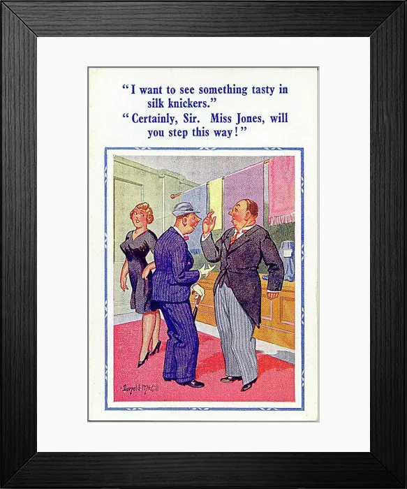 : Comic postcard, Man asks for help in department store Date: 20th century : Comic postcard, Man asks for help in department store Date: 20th century