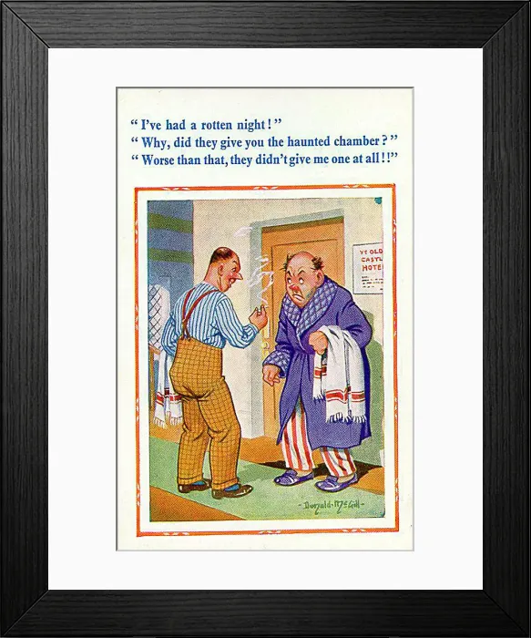 : Comic postcard, Two men chat in hotel corridor Date: 20th century : Comic postcard, Two men chat in hotel corridor Date: 20th century
