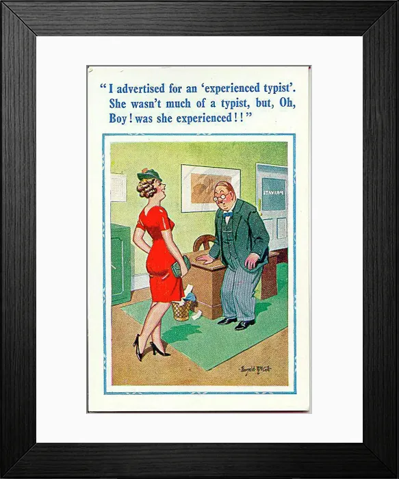 : Comic postcard, Man interviews woman in office : Comic postcard, Man interviews woman in office