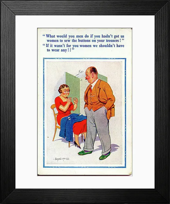 : Comic postcard, Woman sewing trousers, chatting with man Date: 20th century : Comic postcard, Woman sewing trousers, chatting with man Date: 20th century