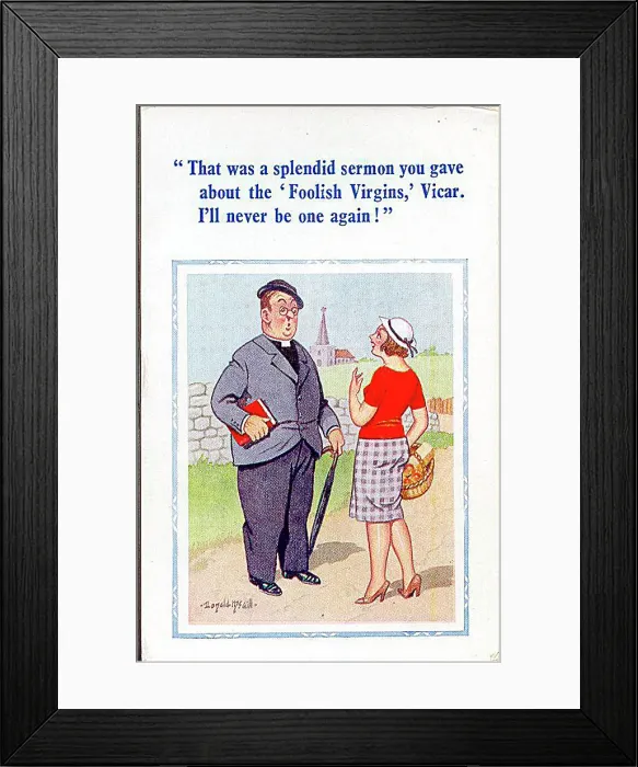 : Comic postcard, Young woman liked vicar's sermon Date: 20th century : Comic postcard, Young woman liked vicar's sermon Date: 20th century