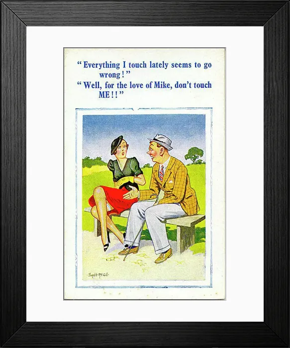 : Comic postcard, Couple chatting on a bench Date: 20th century : Comic postcard, Couple chatting on a bench Date: 20th century