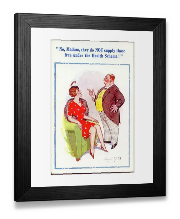 : Comic postcard, Pretty woman and doctor - free under the NHS? Date: 20th century : Comic postcard, Pretty woman and doctor - free under the NHS? Date: 20th century