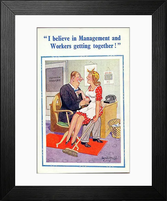 : Comic postcard, Scene in manager's office Date: 20th century : Comic postcard, Scene in manager's office Date: 20th century