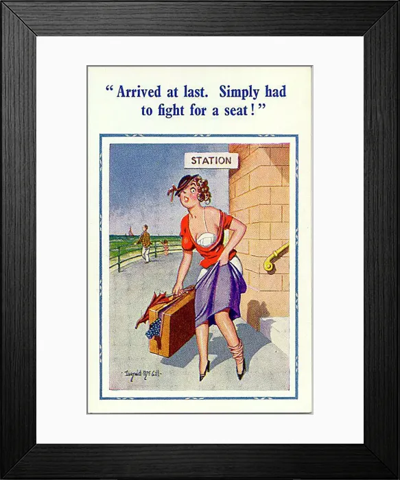 : Comic postcard, Woman arrives at the seaside by train Date: 20th century : Comic postcard, Woman arrives at the seaside by train Date: 20th century