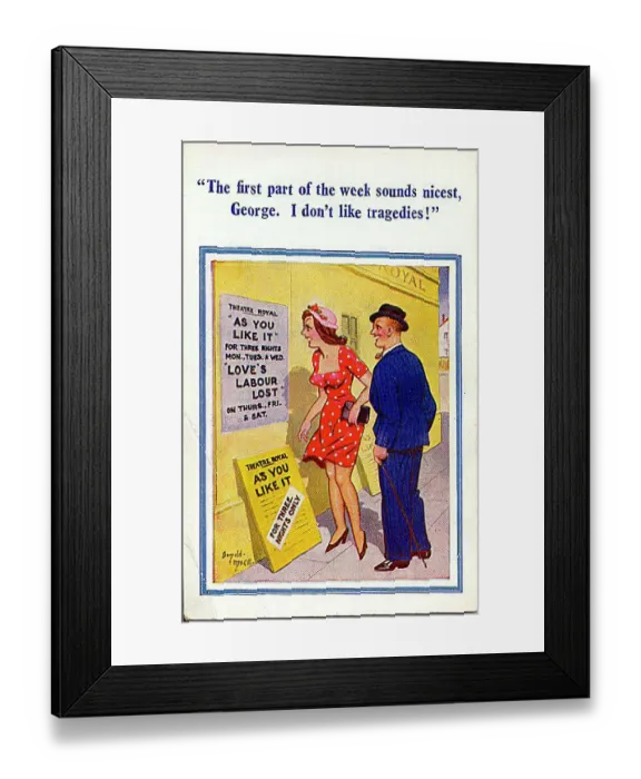 : Comic postcard, Couple reading theatre poster Date: 20th century : Comic postcard, Couple reading theatre poster Date: 20th century