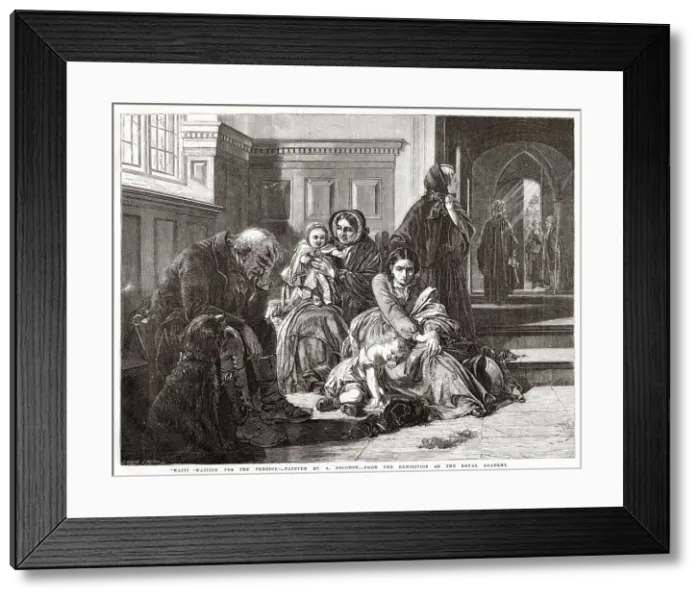 Framed Print : Waiting for the Verdict by Abraham Solomon, exhibited at the Royal Academy in 1857. A family wait nervously outside a court room to hear the verdict. Date: 1857 Framed Print : Waiting for the Verdict by Abraham Solomon, exhibited at the Royal Academy in 1857. A family wait nervously outside a court room to hear the verdict. Date: 1857