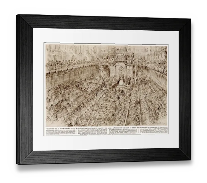 Framed Print : Scene in the House of Lords on 4 November 1952 when Queen Elizabeth II opened her first Parliament and read her first speech, as viewed from the Strangers Gallery. Date: 1952 Framed Print : Scene in the House of Lords on 4 November 1952 when Queen Elizabeth II opened her first Parliament and read her first speech, as viewed from the Strangers Gallery. Date: 1952
