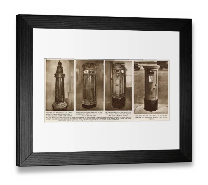 Framed Print : Four examples of pillar boxes (or post boxes): a fluted example with a dome and crown, erected in Birmingham in 1856, another on featuring elaborate ornamentation from 1856 incorporating national emblems Framed Print : Four examples of pillar boxes (or post boxes): a fluted example with a dome and crown, erected in Birmingham in 1856, another on featuring elaborate ornamentation from 1856 incorporating national emblems