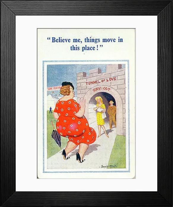 : Comic postcard, Couple emerge from Tunnel of Love, with baby Date: 20th century : Comic postcard, Couple emerge from Tunnel of Love, with baby Date: 20th century