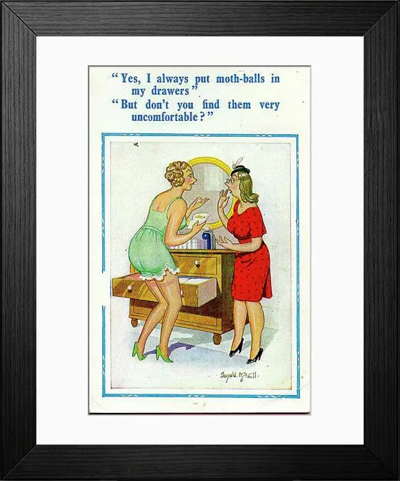 : Comic postcard, Two young women in bedroom - mothballs Date: 20th century : Comic postcard, Two young women in bedroom - mothballs Date: 20th century