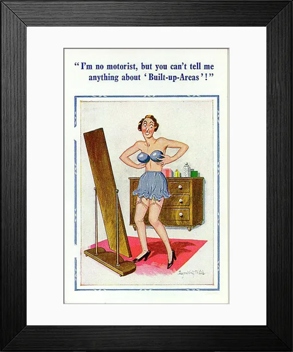 : Comic postcard, Woman in her underwear - built-up areas Date: 20th century : Comic postcard, Woman in her underwear - built-up areas Date: 20th century