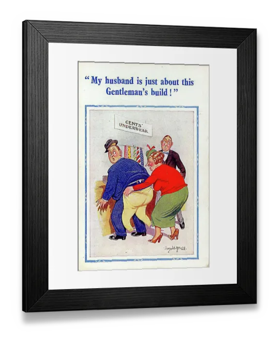  : Comic postcard, Woman at gents underwear counter Date: 20th century