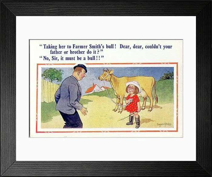 : Comic postcard, Vicar with little girl and cow Date: 20th century : Comic postcard, Vicar with little girl and cow Date: 20th century