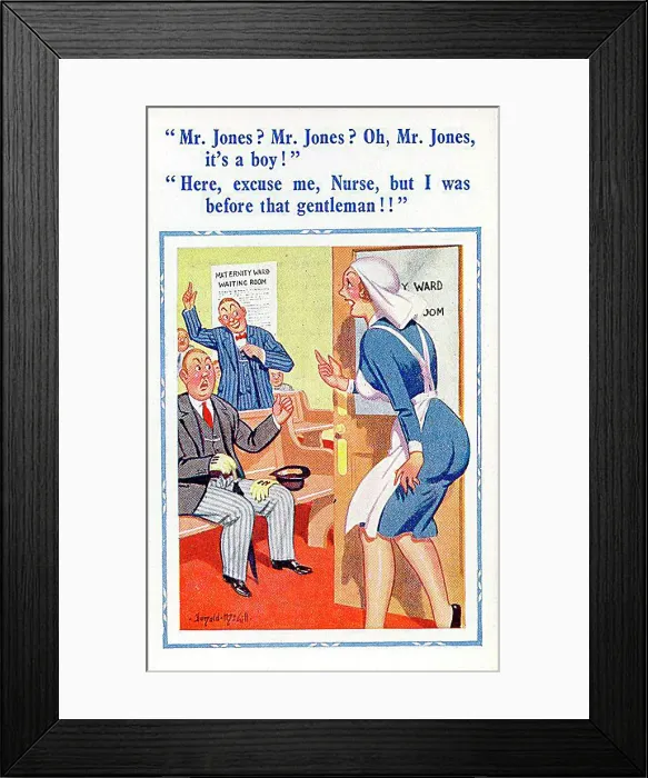 : Comic postcard, New fathers waiting in maternity ward Date: 20th century : Comic postcard, New fathers waiting in maternity ward Date: 20th century