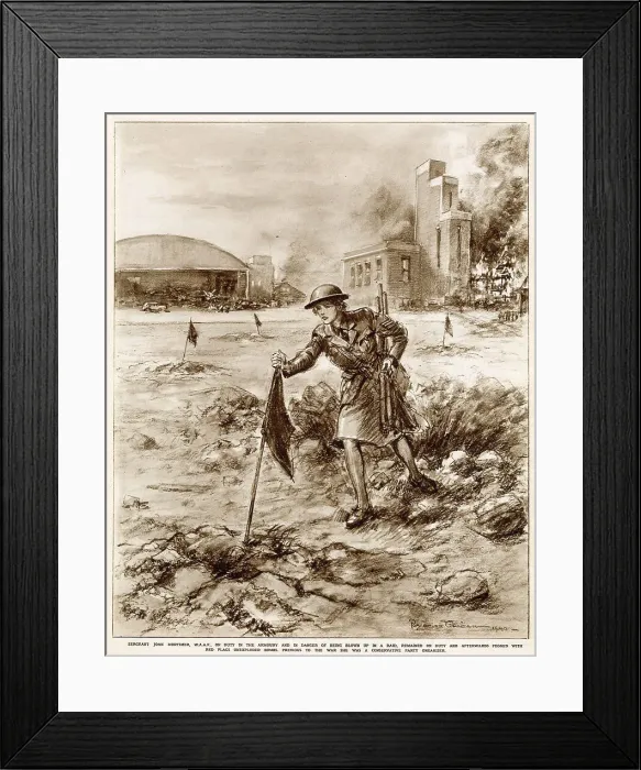 Framed Print : Sergeant Joan Mortimer, W.A.A.F, on duty in the armoury and in danger of being blown up in a raid, remained on duty and afterwards pegged with red flags unexploded bombs Framed Print : Sergeant Joan Mortimer, W.A.A.F, on duty in the armoury and in danger of being blown up in a raid, remained on duty and afterwards pegged with red flags unexploded bombs