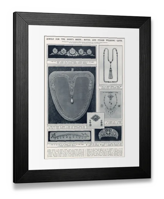 Framed Print : Jewels for the Duke's bride: royal and other wedding gifts given to the Duke and Duchess of York in 1923. 1. A diamond bandeau from the bride's father, the Earl of Strathmore; 2 Framed Print : Jewels for the Duke's bride: royal and other wedding gifts given to the Duke and Duchess of York in 1923. 1. A diamond bandeau from the bride's father, the Earl of Strathmore; 2