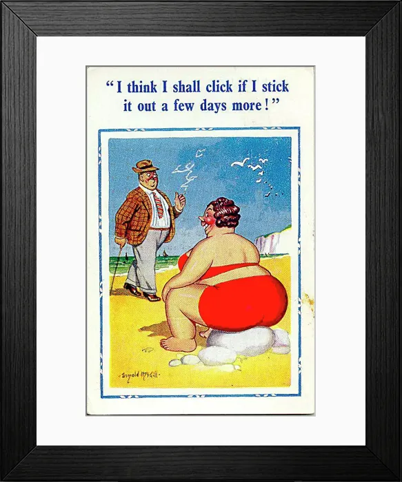 : Comic postcard, Large woman sitting on a rock at the seaside, hoping to click with someone Date: 20th century : Comic postcard, Large woman sitting on a rock at the seaside, hoping to click with someone Date: 20th century