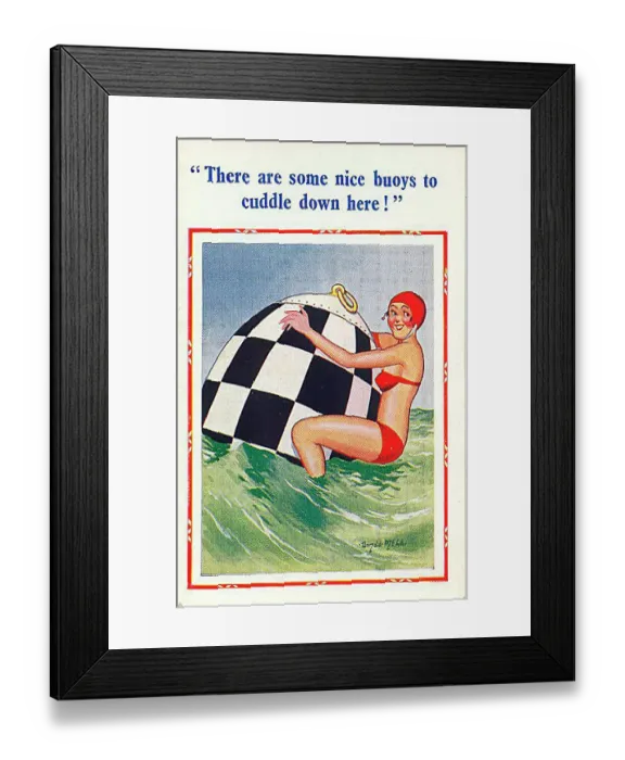 : Comic postcard, Young woman in bikini in the sea, holding onto a buoy Date: 20th century : Comic postcard, Young woman in bikini in the sea, holding onto a buoy Date: 20th century