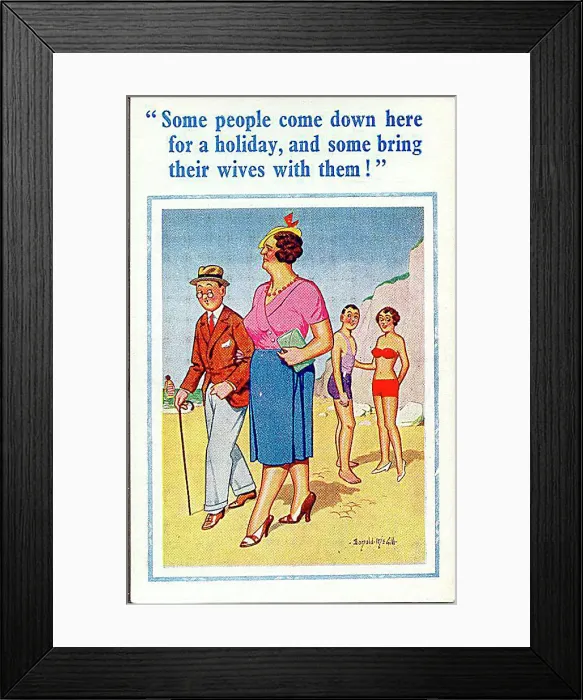 : Comic postcard, Middle aged couple on the beach, watched by a younger couple Date: 20th century : Comic postcard, Middle aged couple on the beach, watched by a younger couple Date: 20th century
