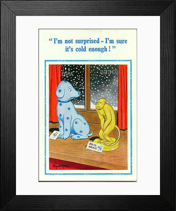 : Comic postcard, Dog and monkey ornaments - cold weather Date: 20th century : Comic postcard, Dog and monkey ornaments - cold weather Date: 20th century